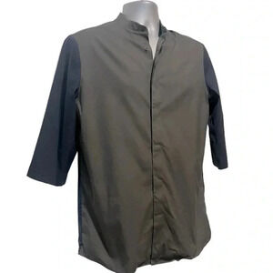 COS Grandad 3/4 Sleeve Button Down Olive Green Black Colorblock Shirt Mens Small